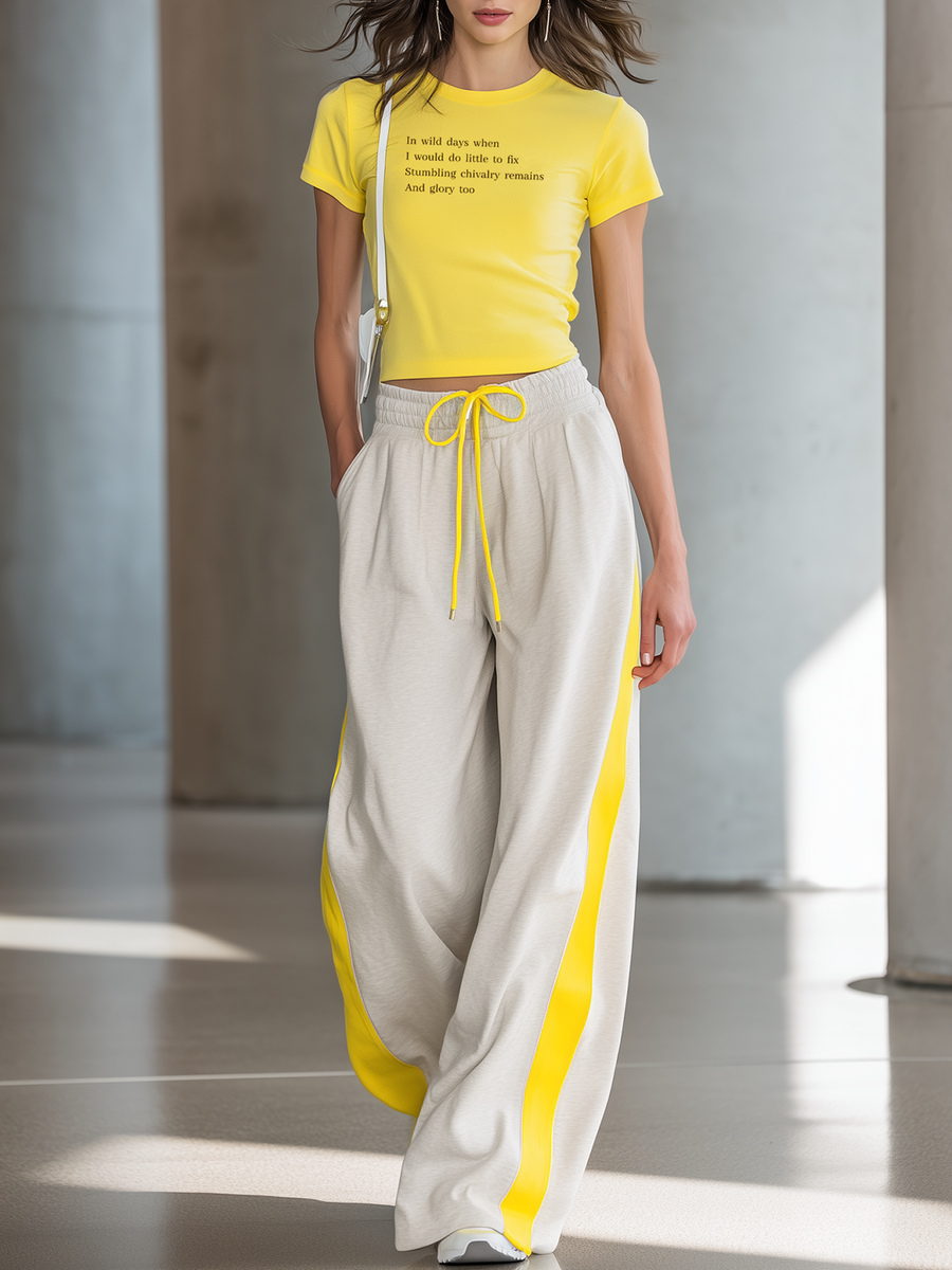 Women's Fashionable Casual Yellow Letter Print Short Top And Trousers Set