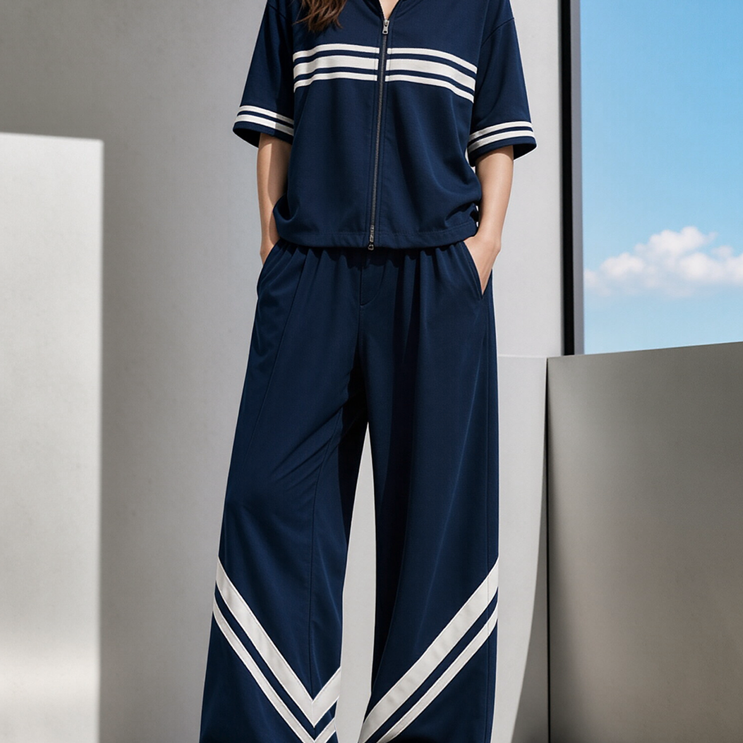 Navy Color-block Double-zip Top And Side-stripe Wide-leg Pants Set