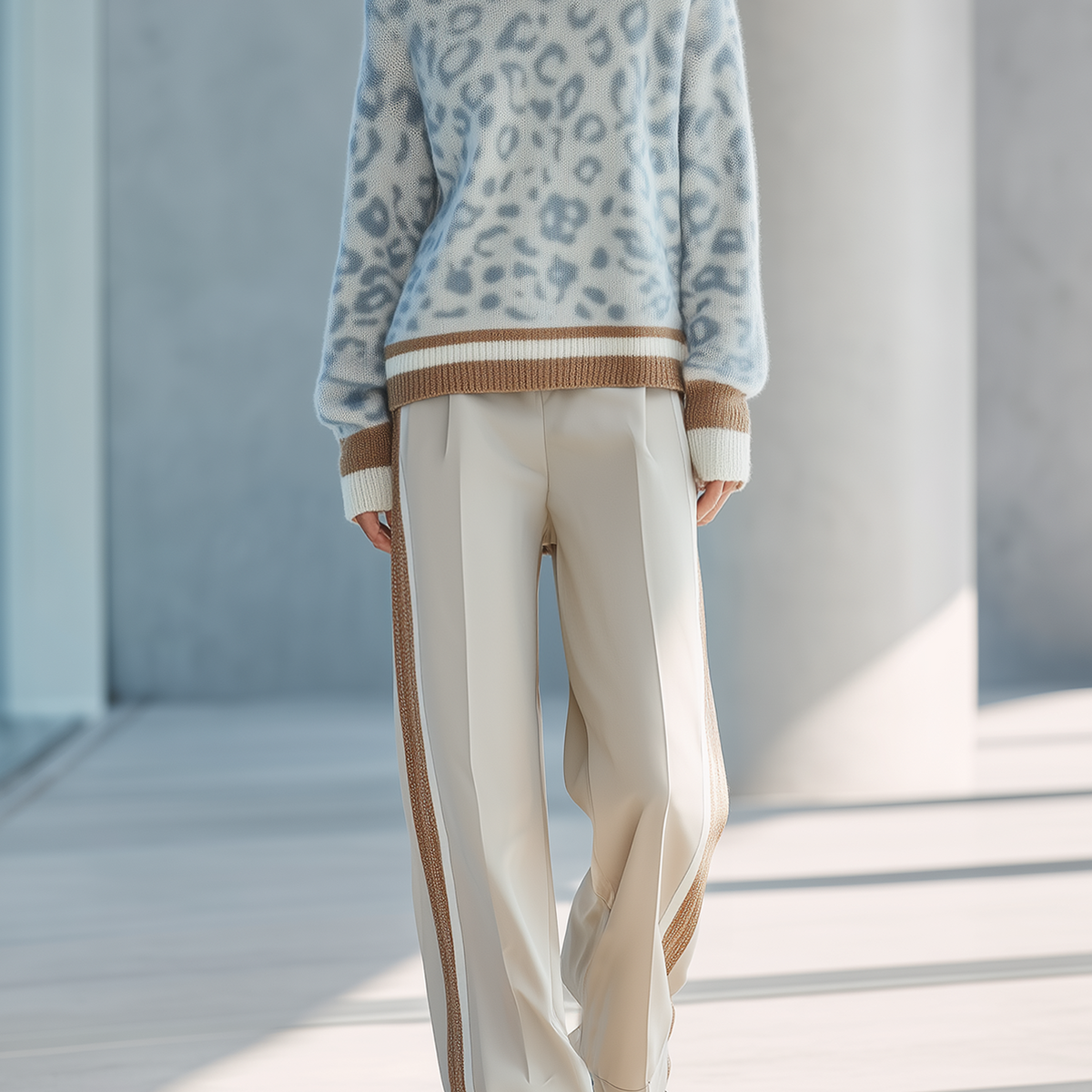 Light Blue Leopard Contrast Trim Knit Sweater Straight‑Leg Pants Set