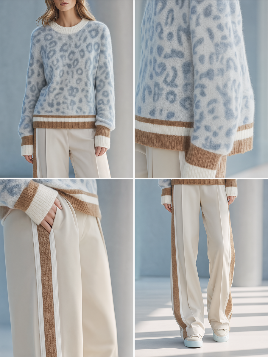 Light Blue Leopard Contrast Trim Knit Sweater Straight‑Leg Pants Set