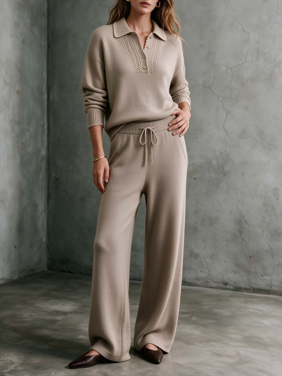 Oatmeal Knit Polo Sweater & Wide-Leg Pants Set