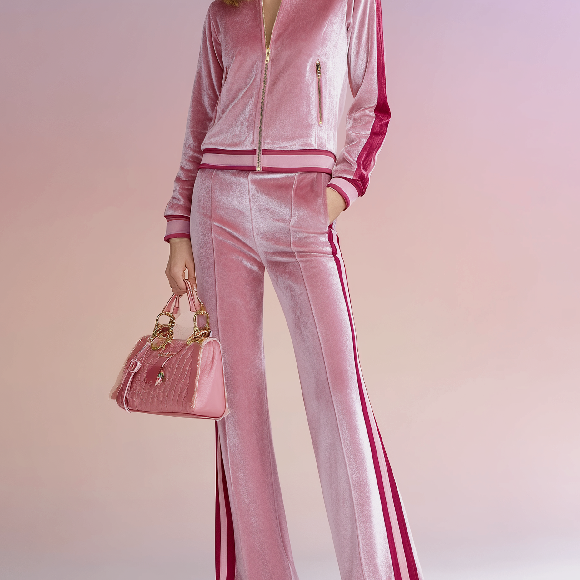 Women's Casual Color-block Velvet Fashion Zip-up Jacket And Flared Pants Set