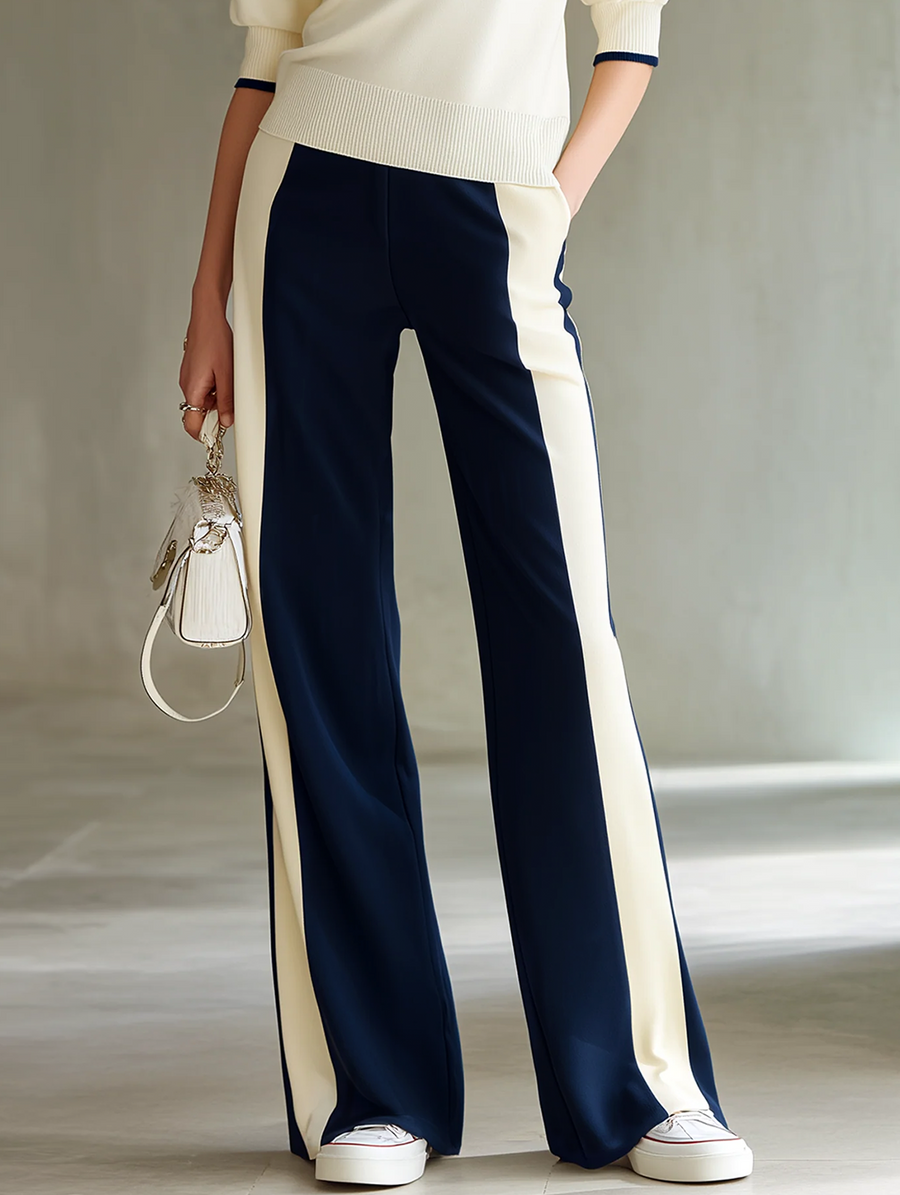 Women's Off-white Polo Neck Knitted Top And Contrasting Wide-leg Pants Set