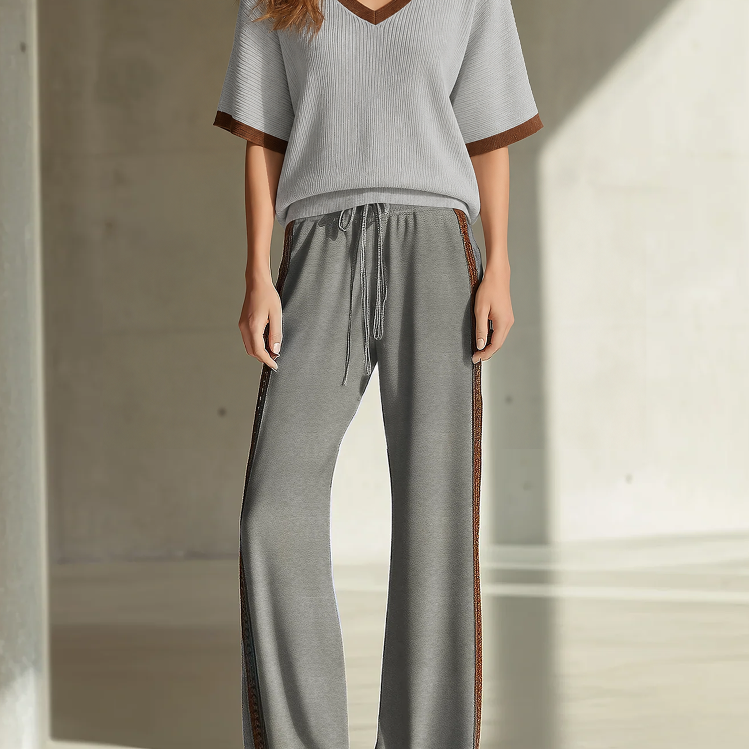 Women's Fashionable Casual Grey Color-block V-neck Short-sleeved Top And Trousers Set