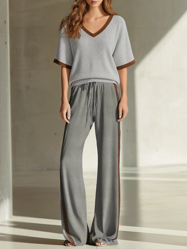 Women's Fashionable Casual Grey Color-block V-neck Short-sleeved Top And Trousers Set