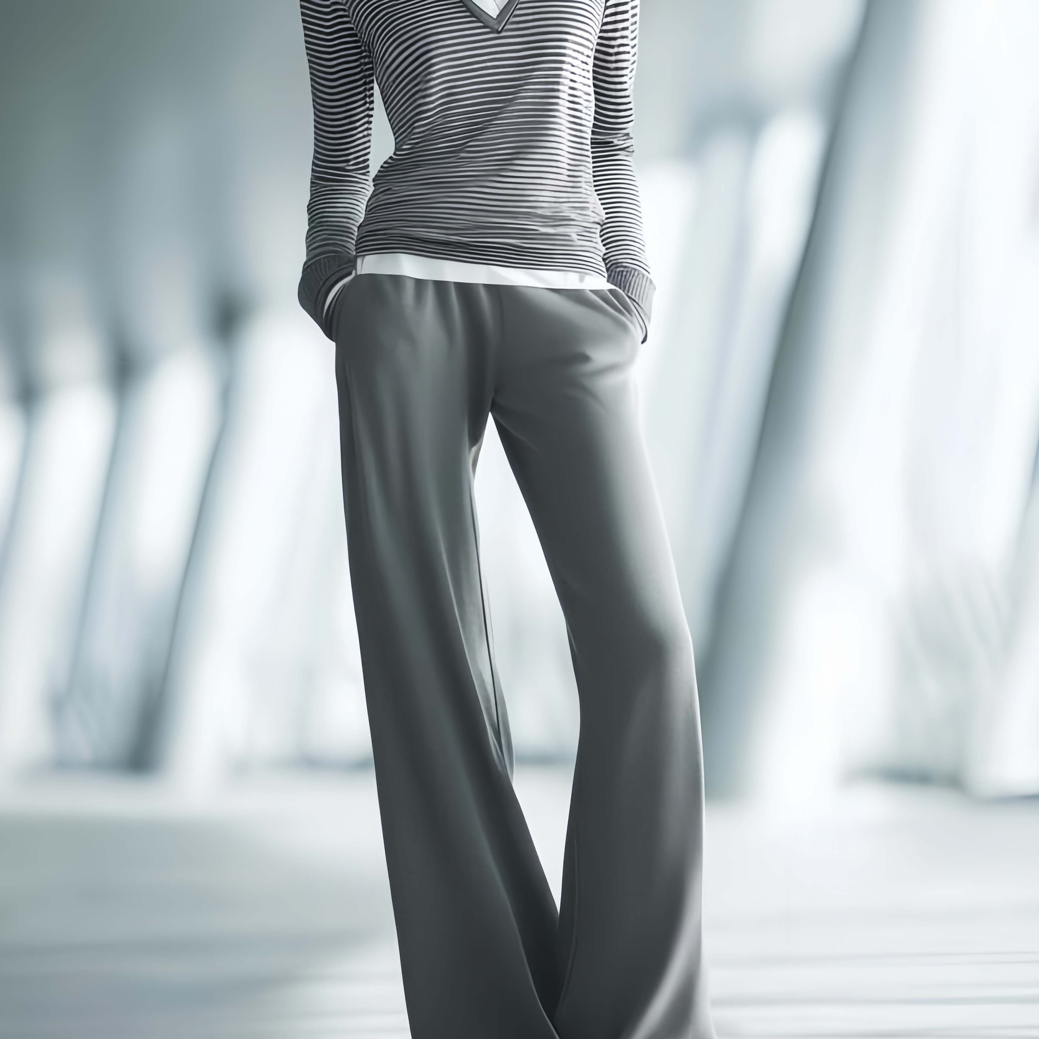 Women's Fashionable Casual Gray Striped Top And Pants Set-copy