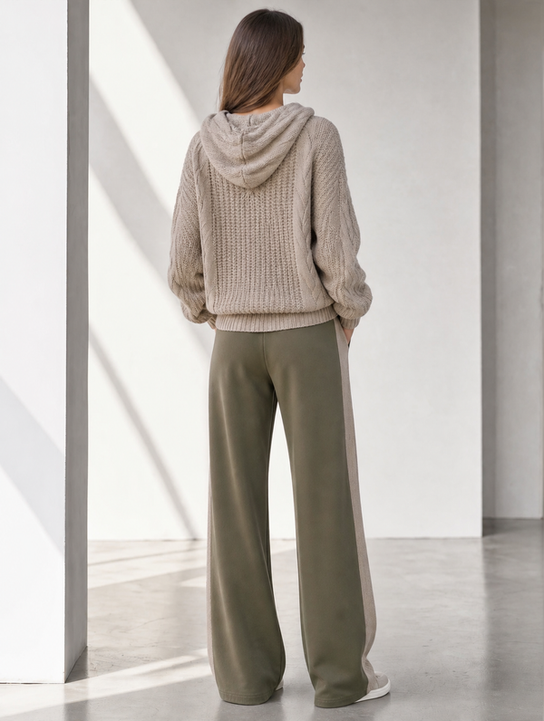 Khaki Long-sleeve Hooded Sweater And Color-block Wide-leg Trousers Set