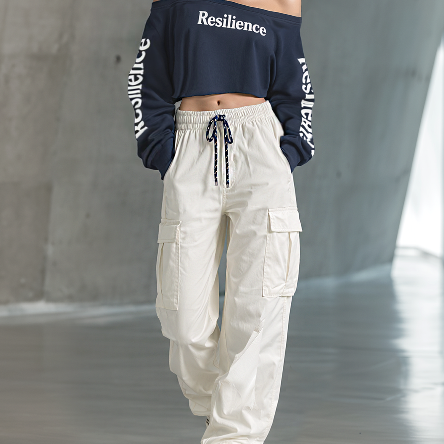 Women's Stylish Casual Navy Blue Off-the-shoulder Crop Top And Cargo Pants Set