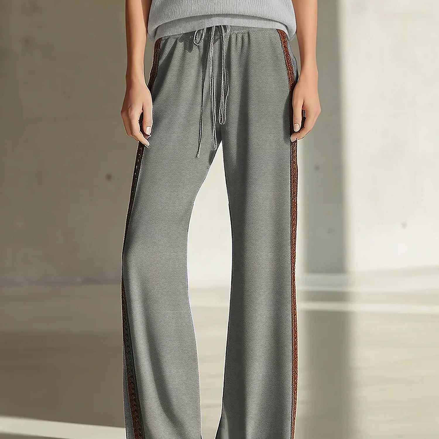 Women's Fashionable Casual Beige And Brown Color-blocked Wide-leg Flared Trousers
