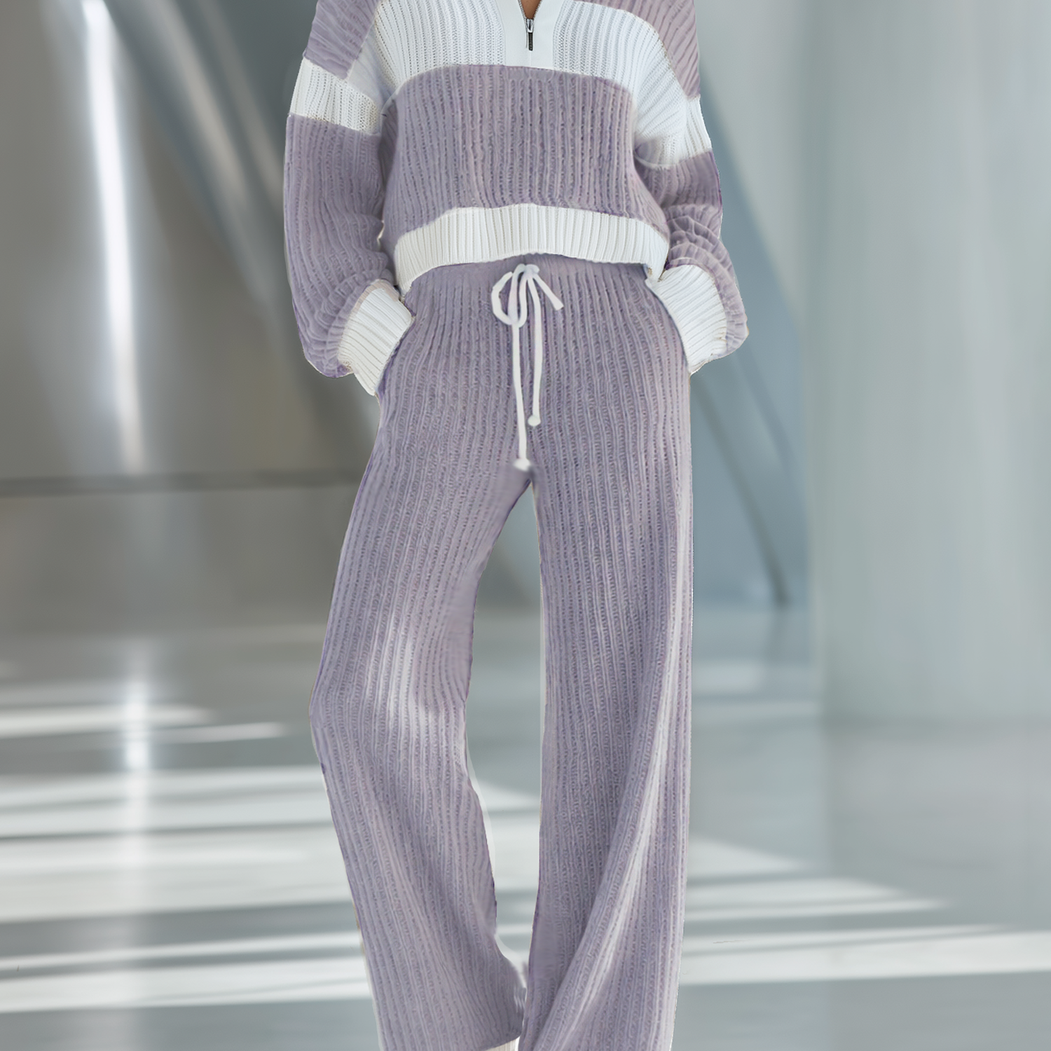 Women's Beige And White Striped Knitted Collared Half-zip Casual Set
