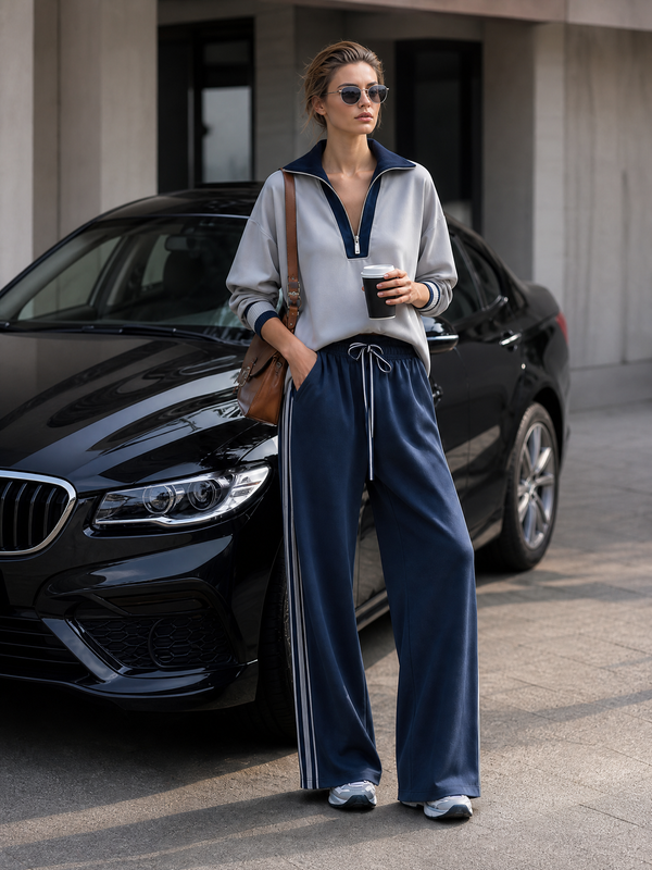 Women's Fashionable Casual Grey And Navy Blue Half-zip Top And Trousers Set