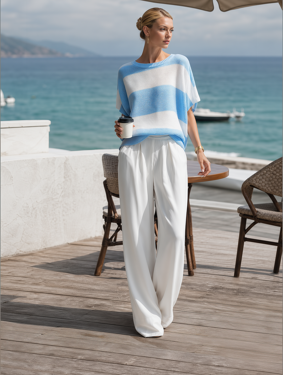 Women's Fashionable Casual Blue And White Striped Short-sleeved Knit Top And Pants Set