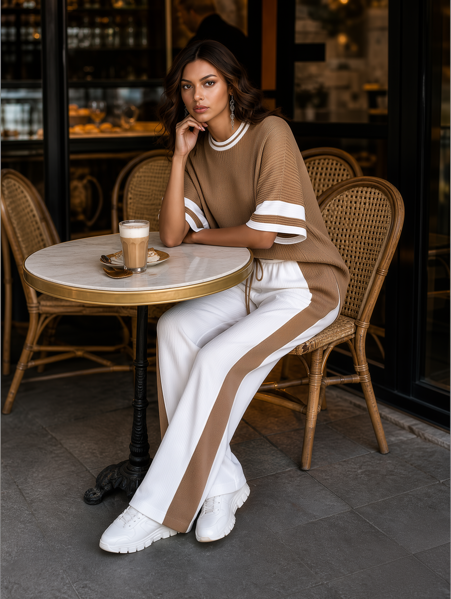 Women's Stylish Casual Brown Color-block Short-sleeved Knitted Top And Trousers Set