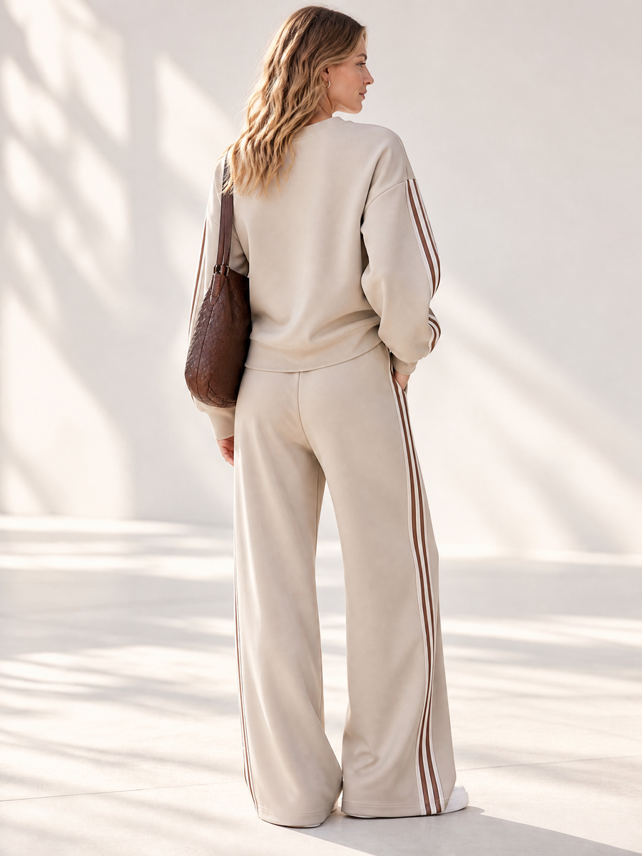 Stylish Casual Khaki Long-Sleeve Slit Top And Wide-Leg Pants Set