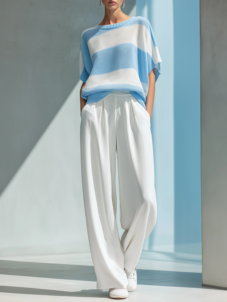 Women's Fashionable Casual Blue And White Striped Short-sleeved Knit Top And Pants Set