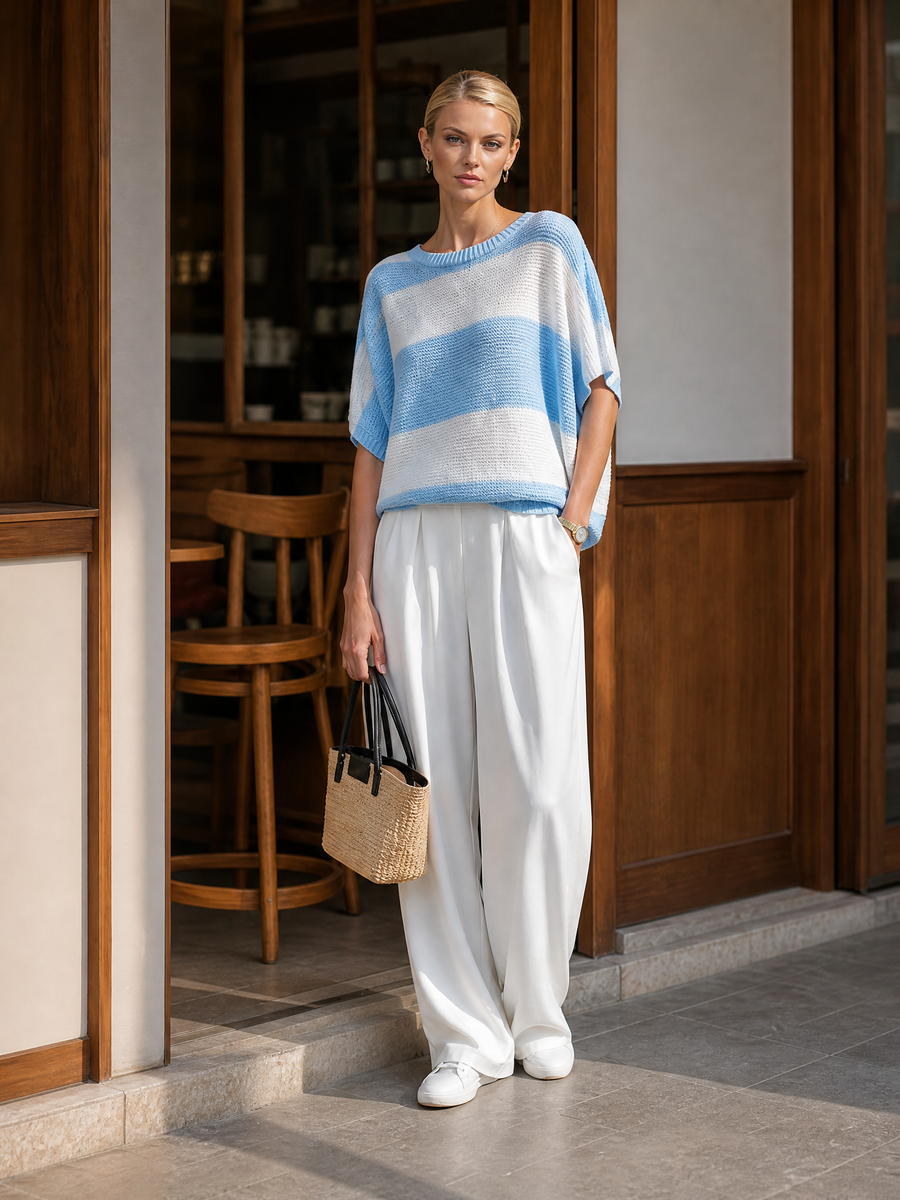 Women's Fashionable Casual Blue And White Striped Short-sleeved Knit Top And Pants Set