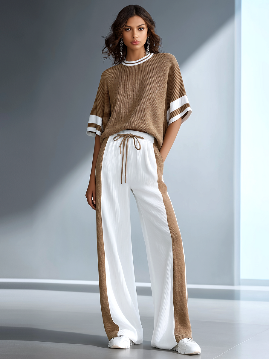 Women's Stylish Casual Brown Color-block Short-sleeved Knitted Top And Trousers Set