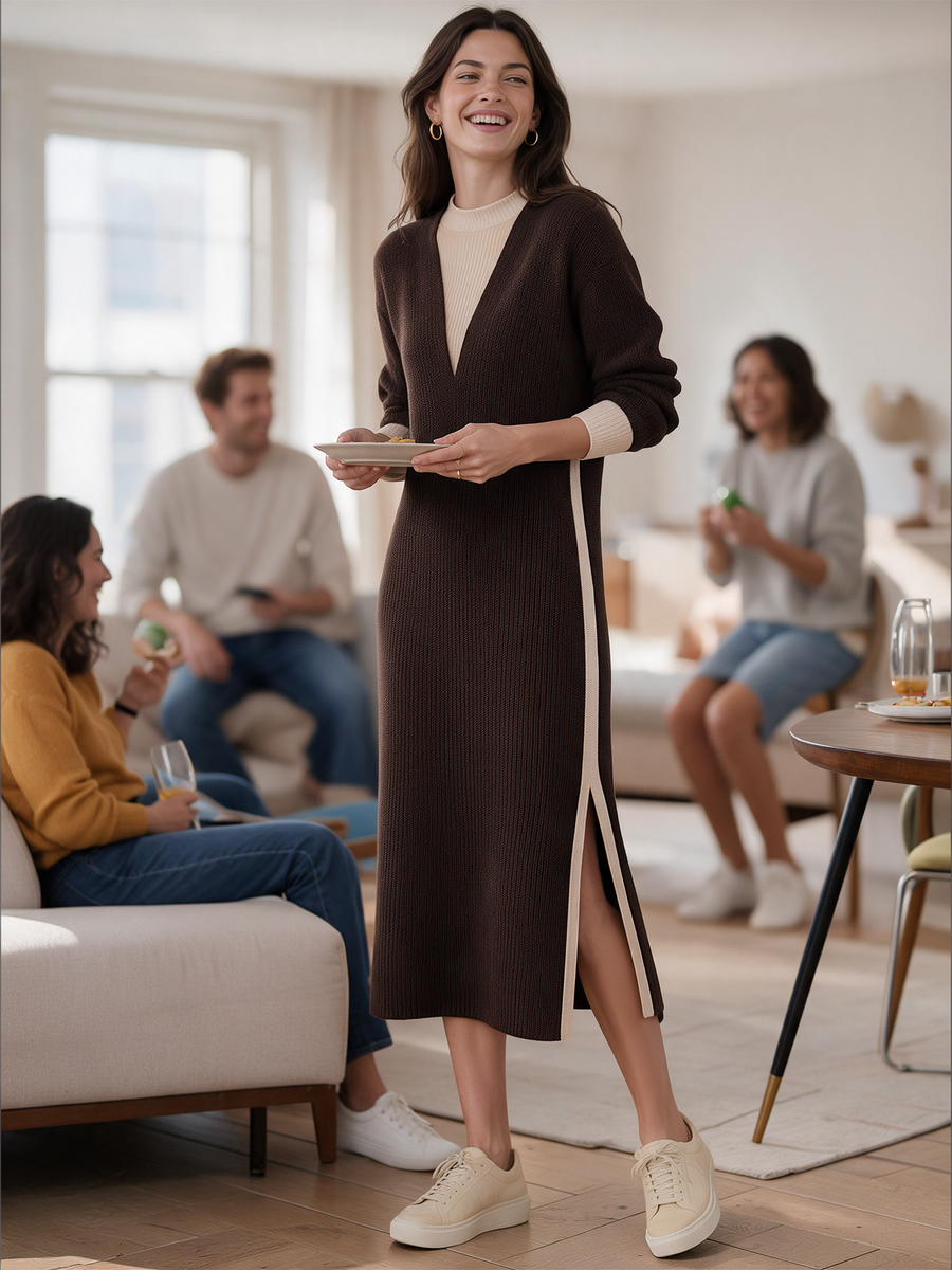 Dark Brown Color-block Faux Two‑Piece Slit Knit Long Skirt