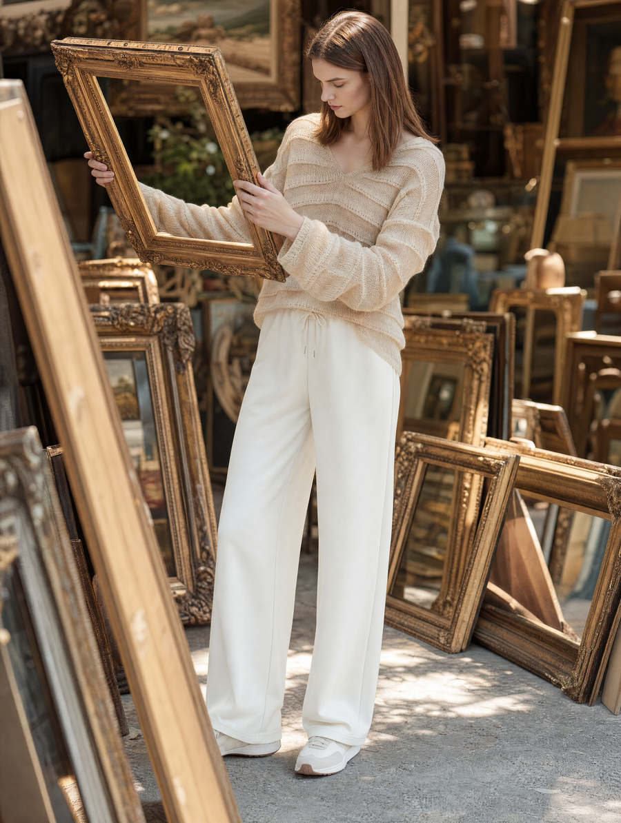 Stylish Relaxed-fit Khaki V-neck Long-sleeve Sweater With Ruffled Detailing