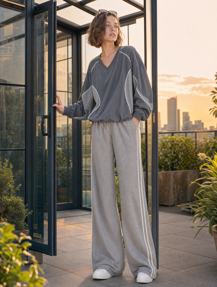 Grey Sporty V-neck Long-sleeve Top And Wide-leg Pants Set