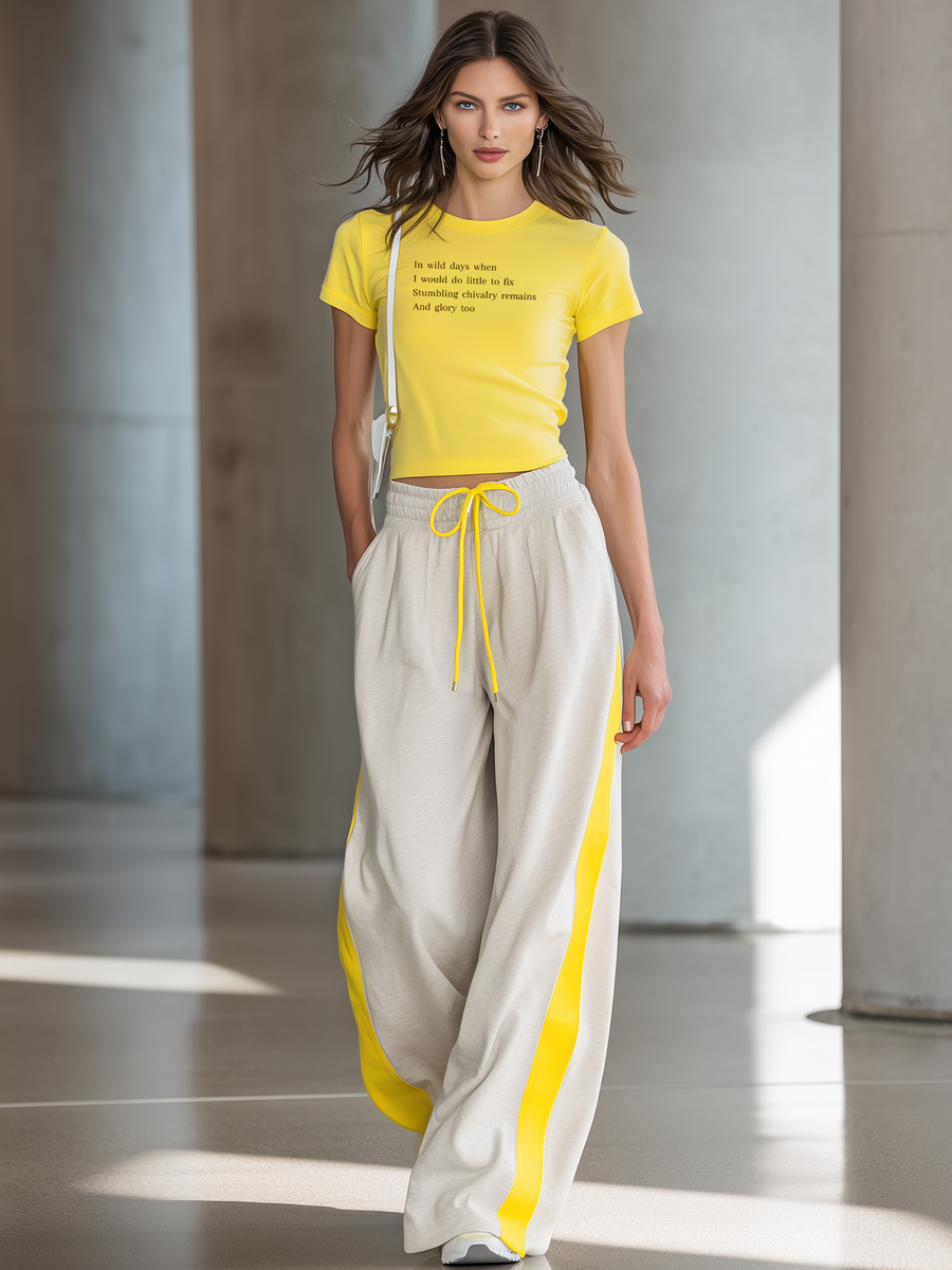 Women's Fashionable Casual Yellow Letter Print Short Top And Trousers Set