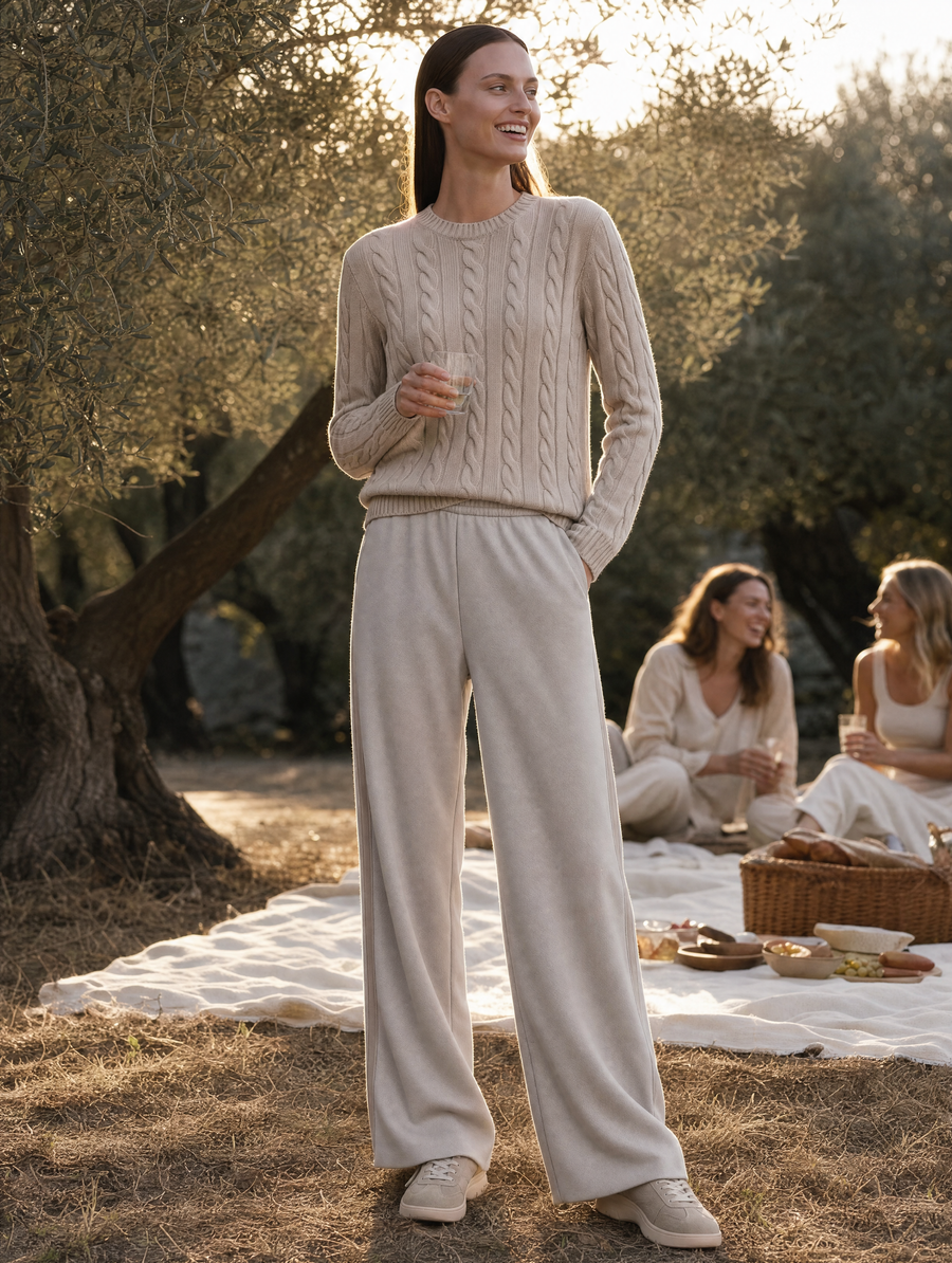 Women's Cable Knit Crewneck Sweater & Wide-Leg Trousers Set – Oatmeal Beige Grey Quiet Luxury Two-Piece Loungewear Co-Ord