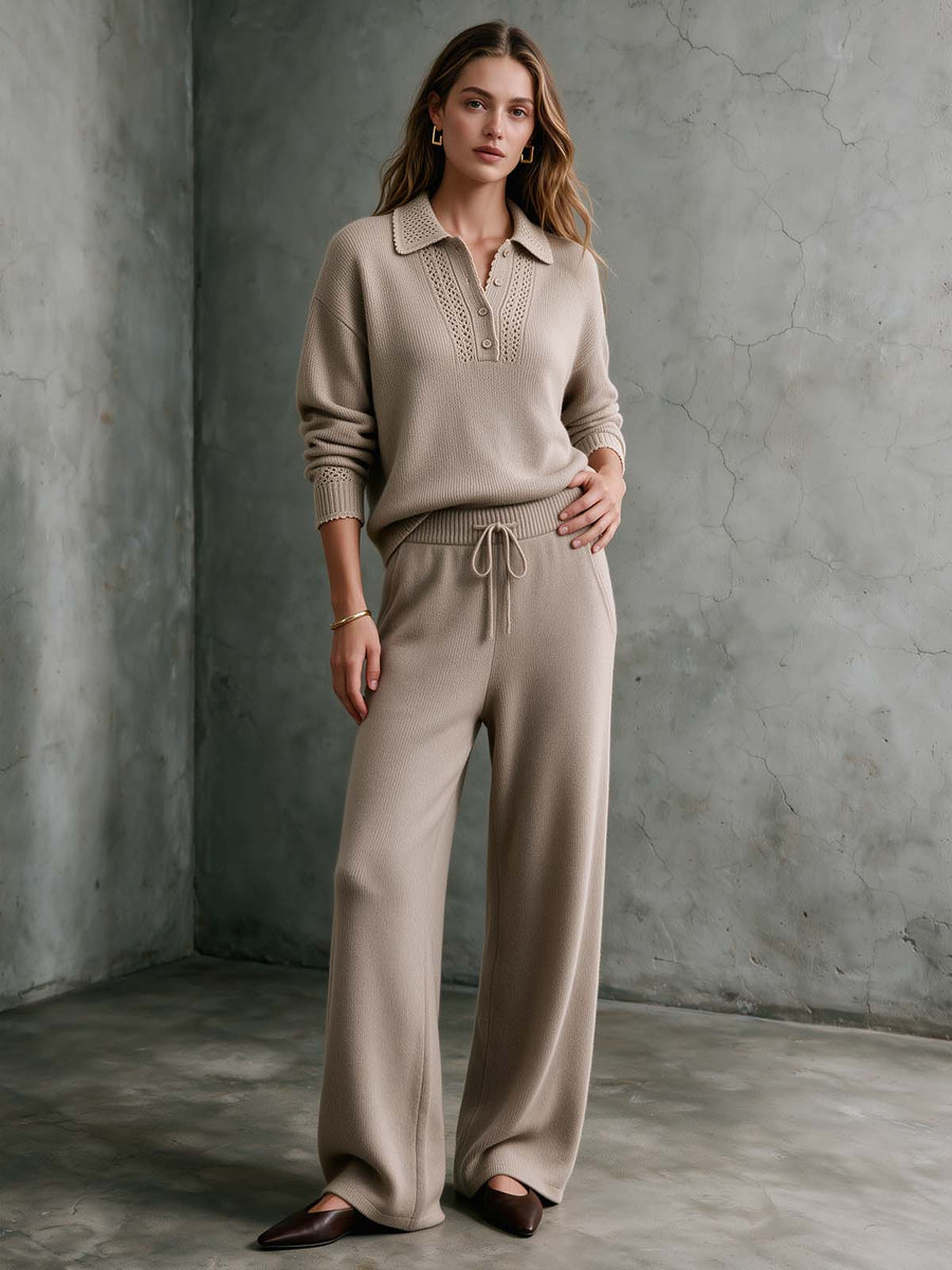 Oatmeal Knit Polo Sweater & Wide-Leg Pants Set