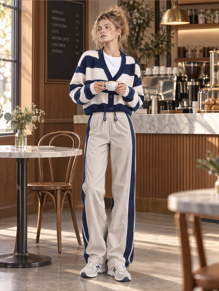 Navy Stripe Cardigan & Side-Stripe Wide-Leg Track Pants Set