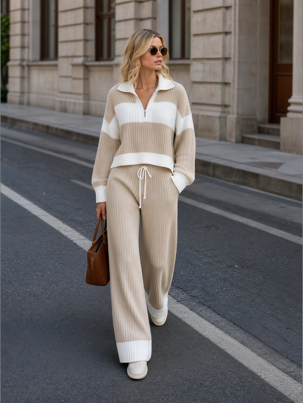 Women's Beige And White Striped Knitted Collared Half-zip Casual Set
