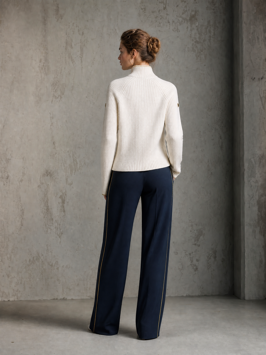 Ivory Frog-Button Knit Sweater & Navy Wide-Leg Trousers Set