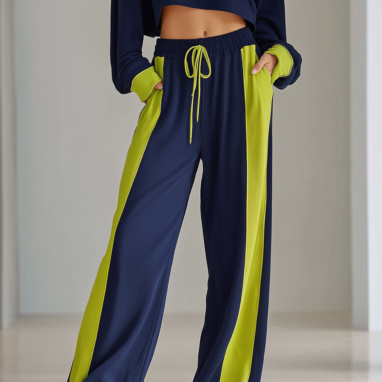 Women's Fashionable Casual Navy Blue Color-block Drawstring Wide-leg Pants
