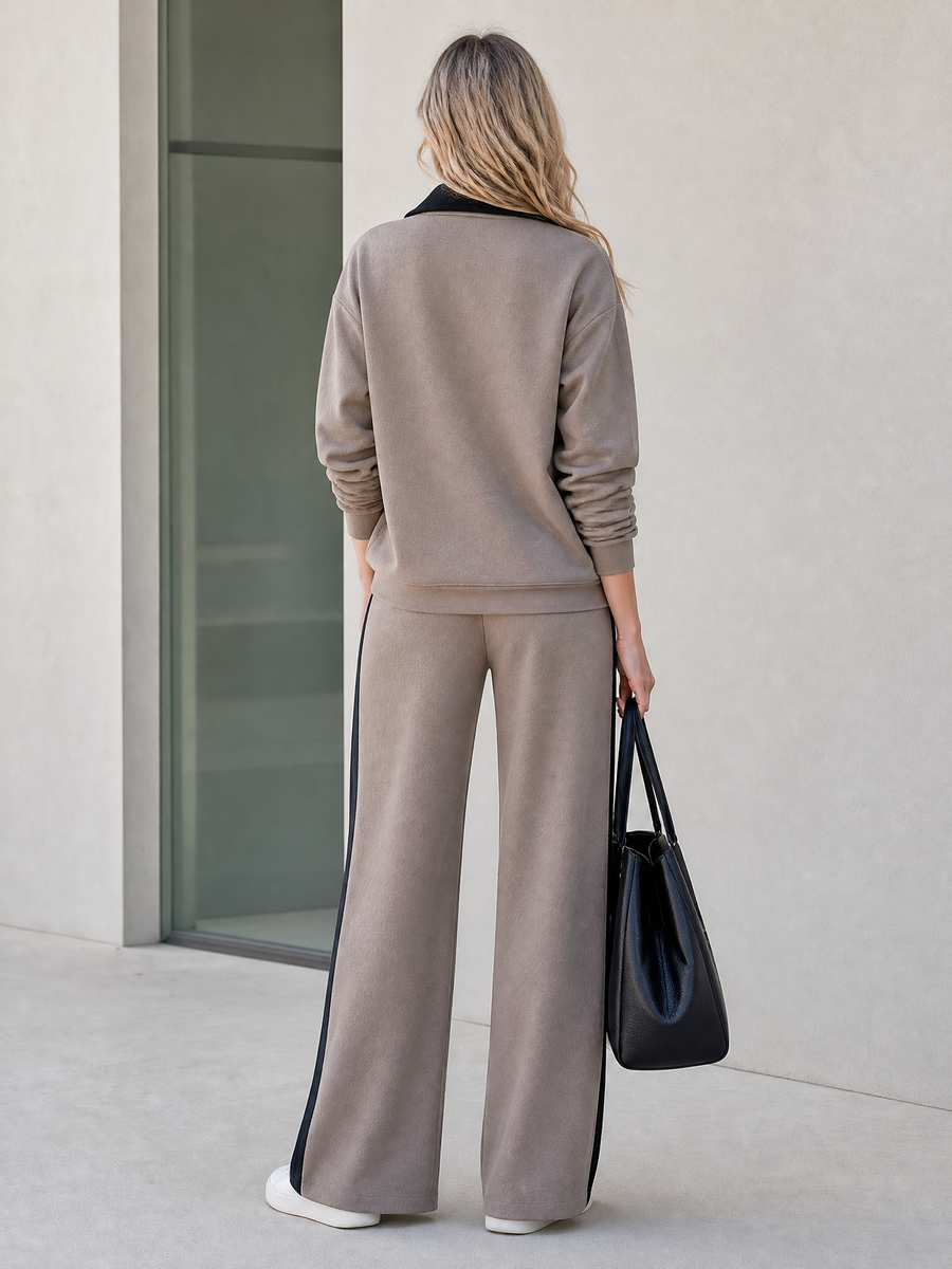 Taupe Black Trim Collared Half‑Zip Wide Leg Pants Two‑Piece Set