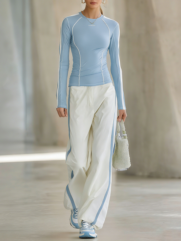 Women's Lightweight Outdoor Casual Knitted T-shirt And Wide-leg Trousers Set - Sky blue