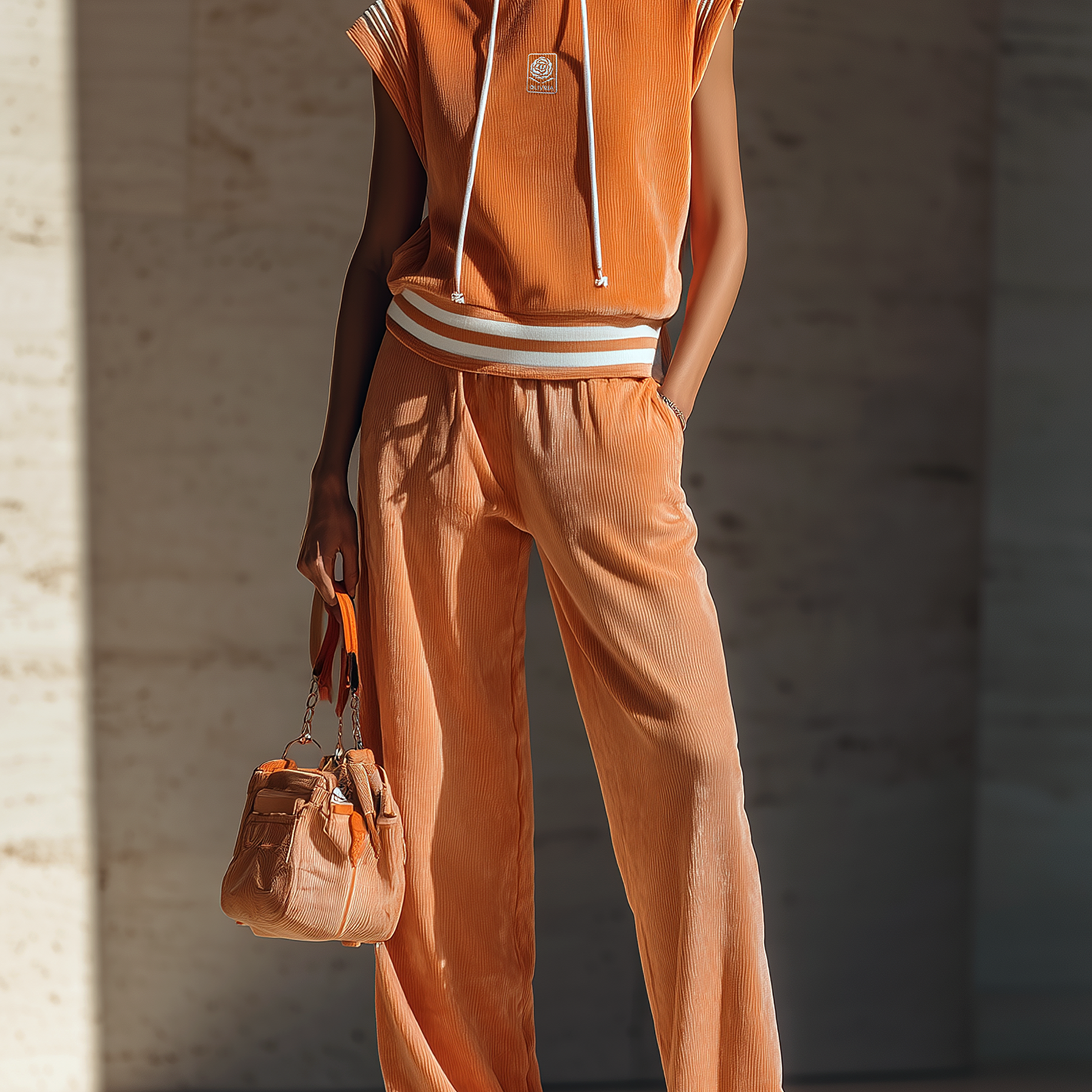 Women's Retro Casual Velvet Sleeveless Hooded Top And Wide-leg Pants Set