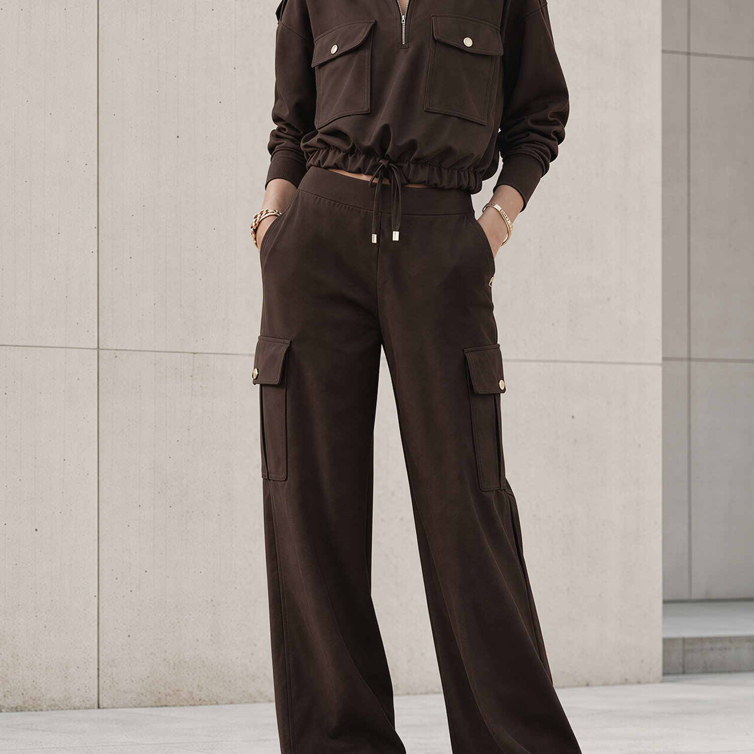 Olive Green Cargo Half-Zip Crop Top & Wide Leg Cargo Pants Set