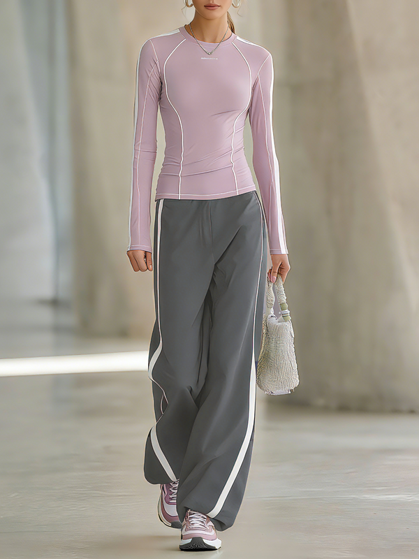 Women's Lightweight Outdoor Casual Knitted T-shirt And Wide-leg Trousers Set - pinkish purple