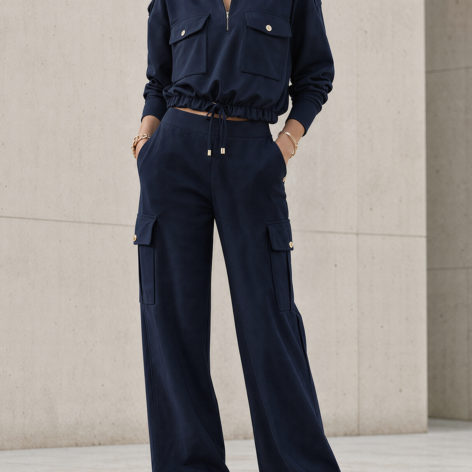 Olive Green Cargo Half-Zip Crop Top & Wide Leg Cargo Pants Set