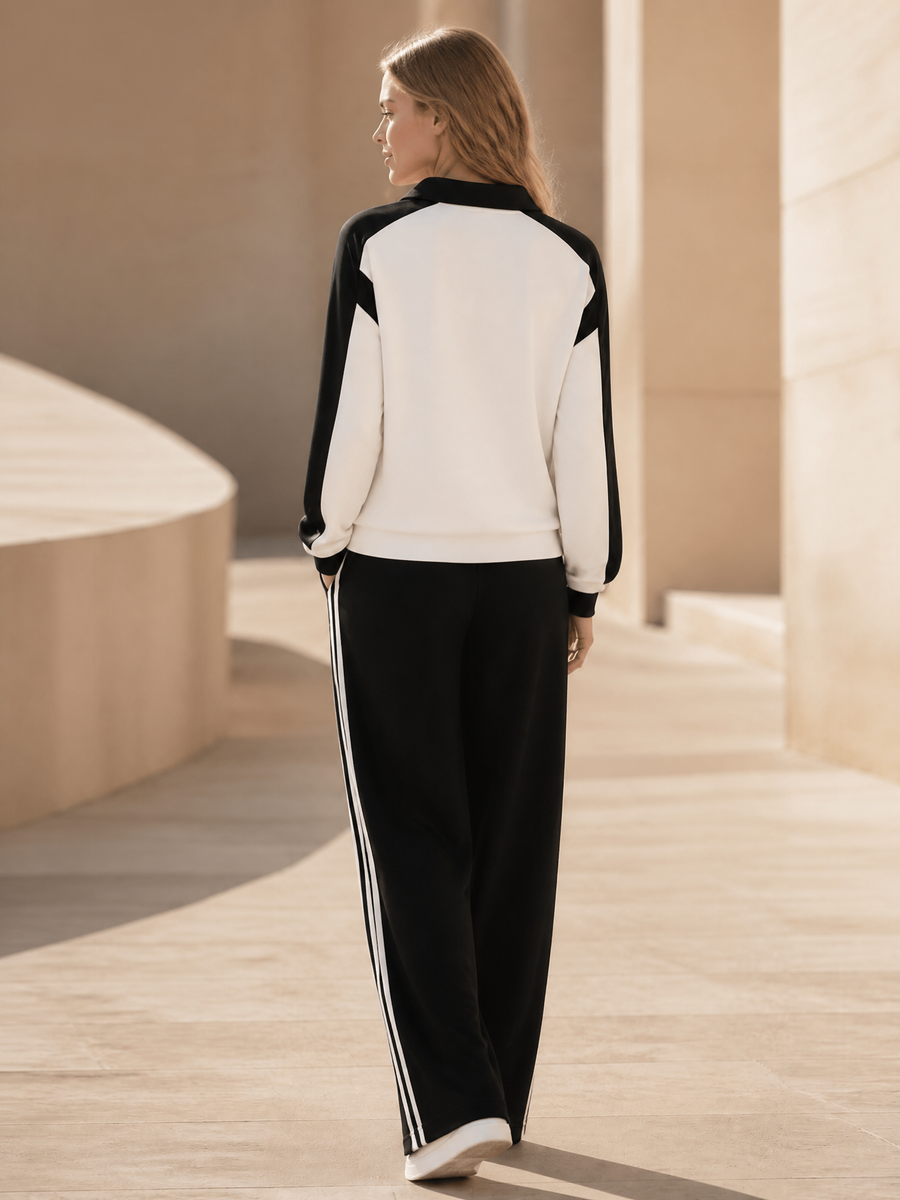 Black And White Color-block Half-zip Long-sleeve Top And Pants Set In A Casual Sporty Style