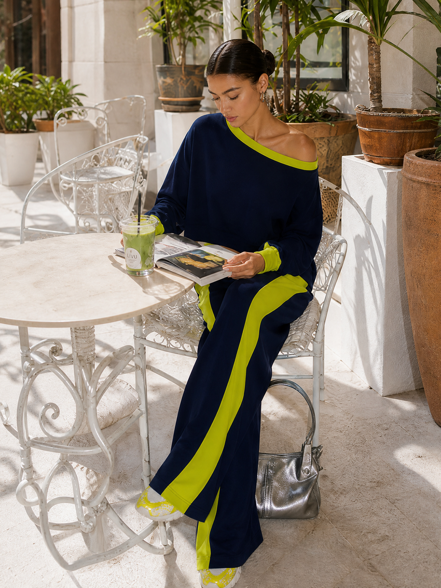 Women's Fashionable Navy Blue Color-block Off-the-shoulder Top And Wide-leg Pants Casual Set