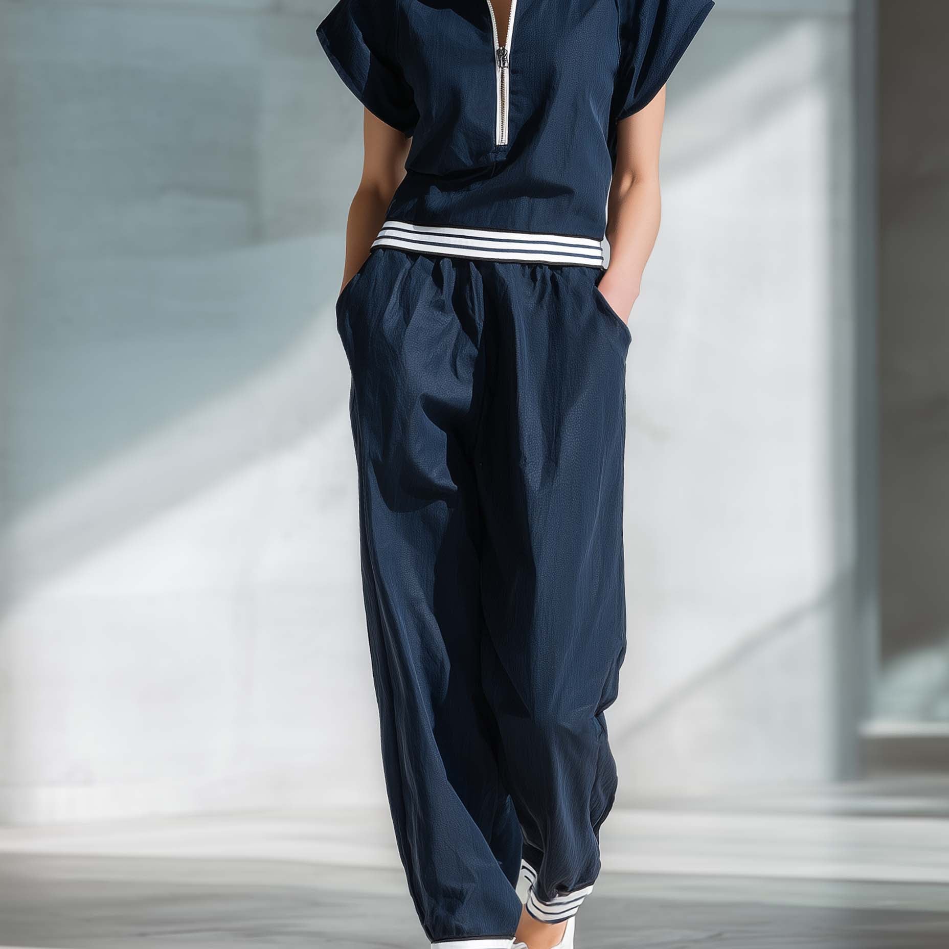Women's Stylish Casual Dark Blue Short-sleeved Top And Trousers Set
