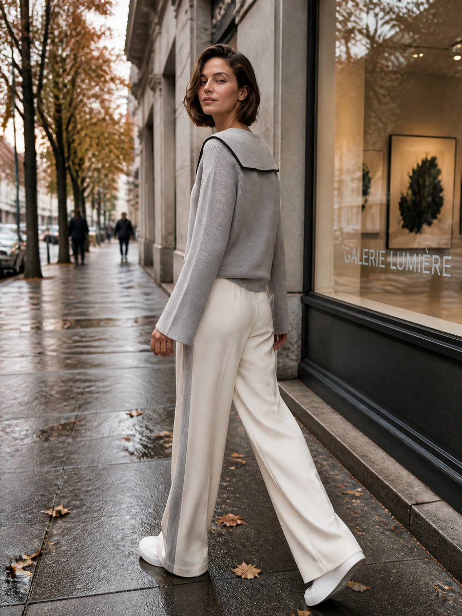 Light Gray And Navy V-neck Knit Top And Wide-leg Trousers Set