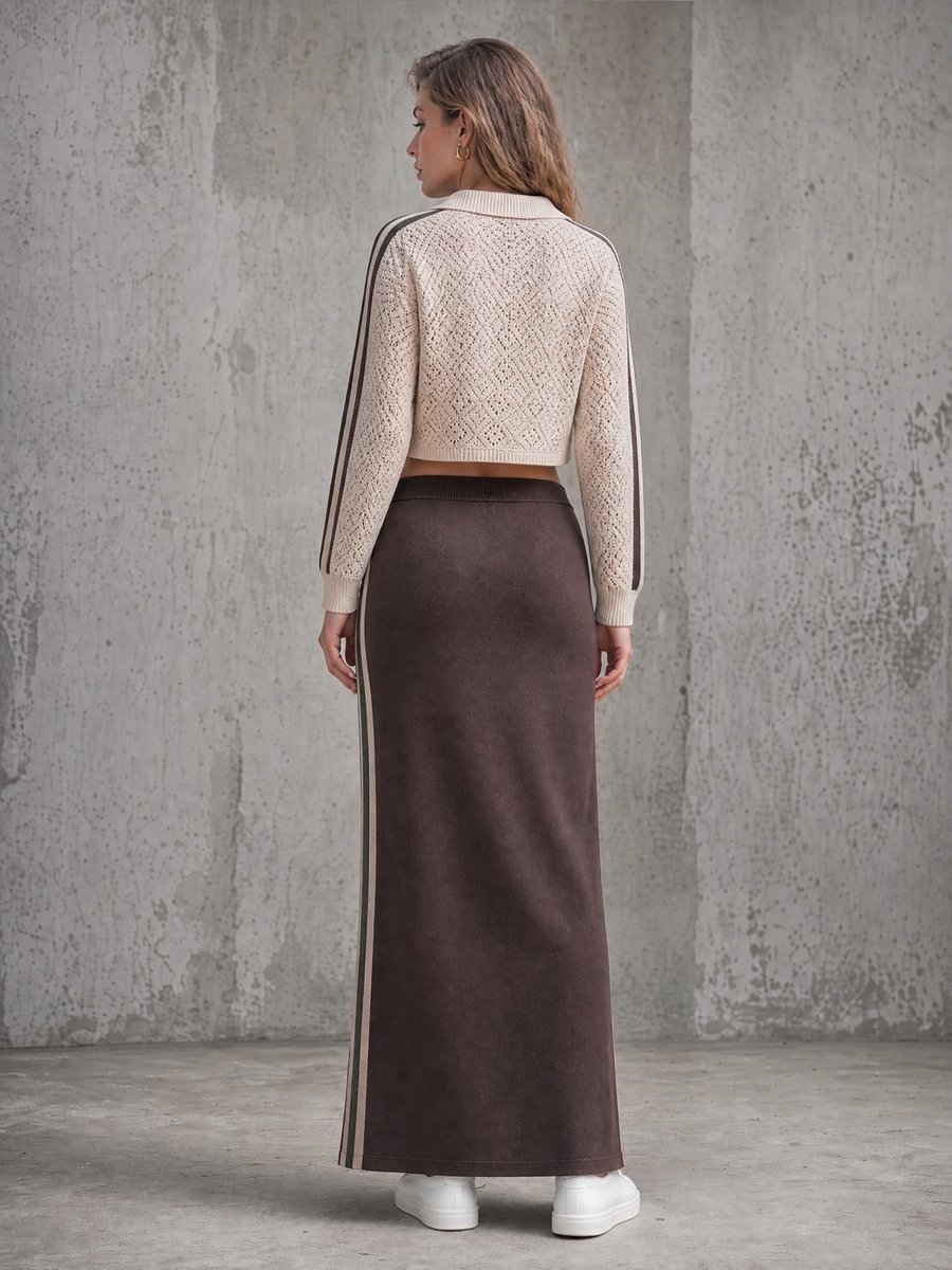 Beige Pointelle Knit Polo & Brown Side-Stripe Maxi Skirt Set