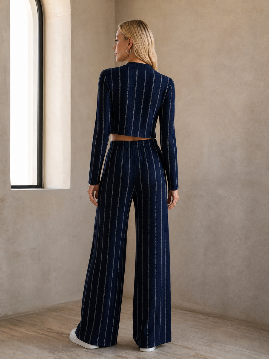 Striped Knit Crop Top and Wide Leg Pants Two-Piece Set