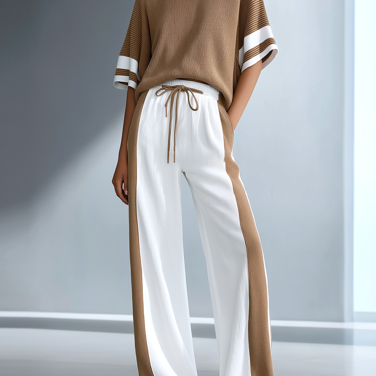 Women's Stylish Casual Brown Color-block Short-sleeved Knitted Top And Trousers Set