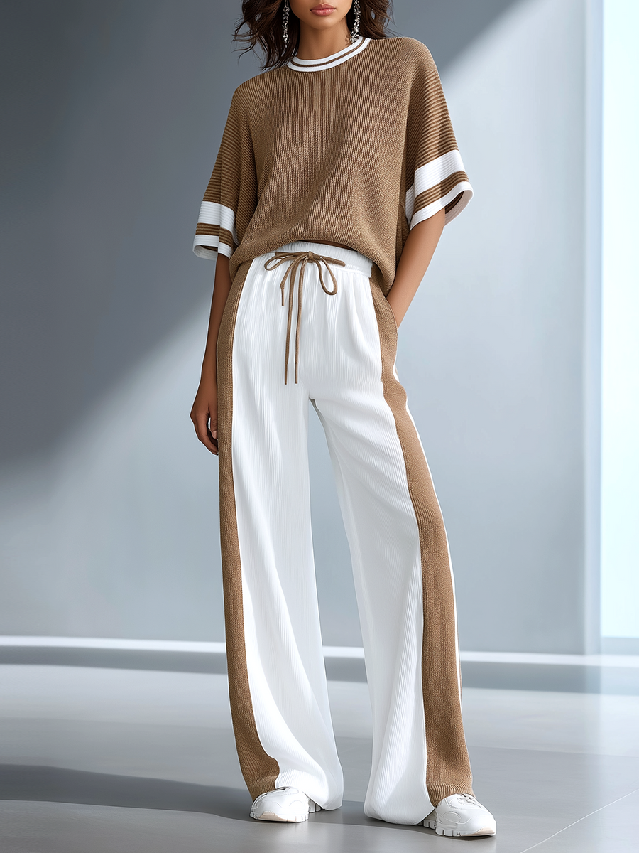 Women's Stylish Casual Brown Color-block Short-sleeved Knitted Top And Trousers Set