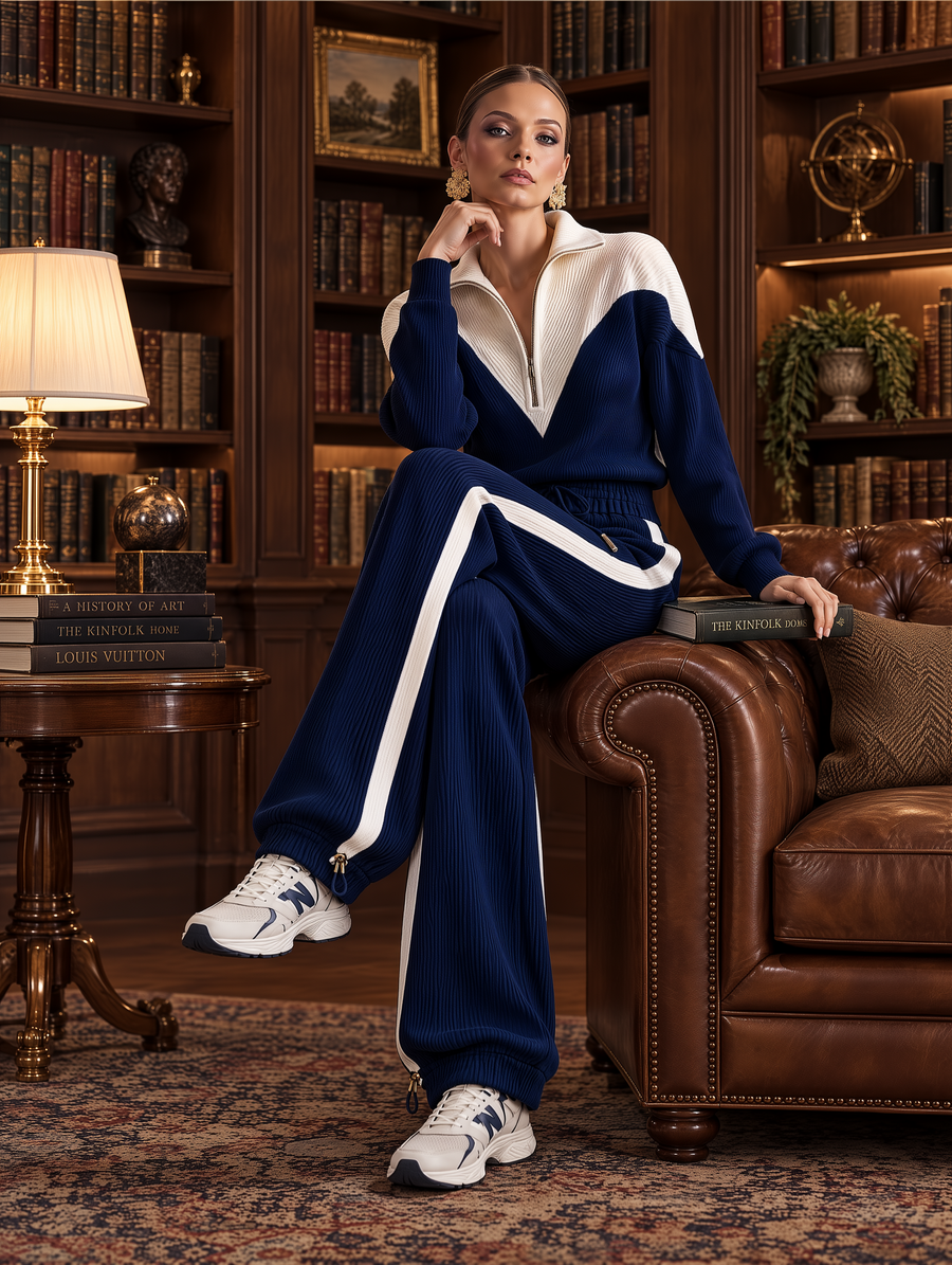 Navy & Cream Colorblock Ribbed Knit Quarter-Zip & Jogger Pants Set