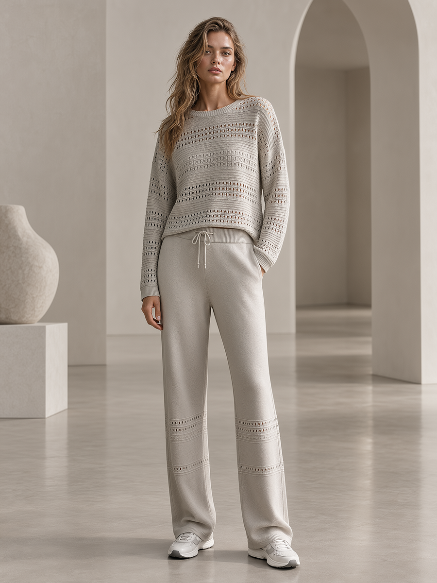 Oatmeal Pointelle Knit Sweater & Wide-Leg Pants Set