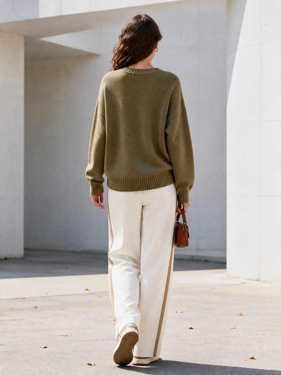 Olive Green V-neck Knit Sweater And Wide-leg Tailored Trousers Set