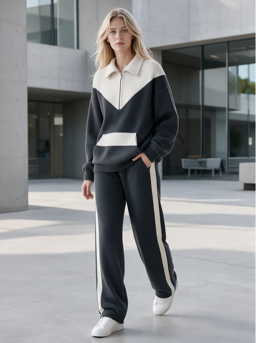 Charcoal Color-Block Half-Zip Knit Top & Side-Stripe Pants Set