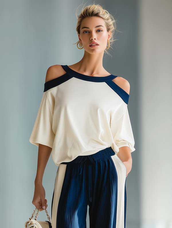 Women's Off-white And Navy Color-blocked Off-the-shoulder Loose Short-sleeved Top